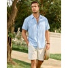 image:imageMens Linen Shirt Striped Short Sleeve Button Down Summer Beach ShirtLight Blue