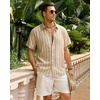 image:imageMens Linen Shirt Striped Short Sleeve Button Down Summer Beach ShirtTan