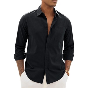 image:imageAlimens amp Gentle Mens Linen Textured Shirt Long Sleeve Summer Beach TopsBlack
