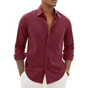 image:imageAlimens amp Gentle Mens Linen Textured Shirt Long Sleeve Summer Beach TopsBurgundy
