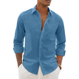 image:imageAlimens amp Gentle Mens Linen Textured Shirt Long Sleeve Summer Beach TopsDusty Blue