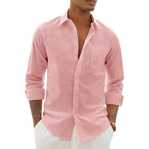 image:imageAlimens amp Gentle Mens Linen Textured Shirt Long Sleeve Summer Beach TopsGrey Pink