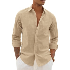 image:imageAlimens amp Gentle Mens Linen Textured Shirt Long Sleeve Summer Beach TopsKhaki