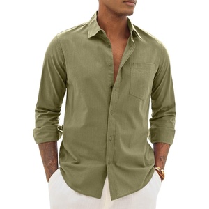 image:imageAlimens amp Gentle Mens Linen Textured Shirt Long Sleeve Summer Beach TopsOlive Green