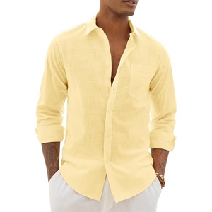 image:imageAlimens amp Gentle Mens Linen Textured Shirt Long Sleeve Summer Beach TopsYellow