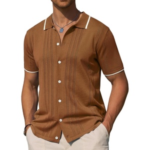 image:imageAlimens amp Gentle Mens Shirts Casual Button Down Shirts Beach Vintage Knit Short Sleeve Polo Shirt for Men02brown