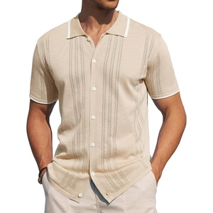 image:imageAlimens amp Gentle Mens Shirts Casual Button Down Shirts Beach Vintage Knit Short Sleeve Polo Shirt for Men08cream