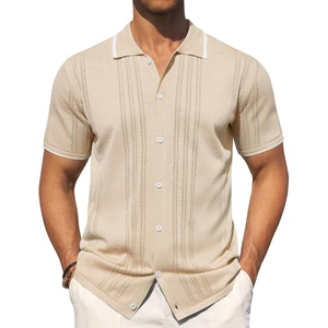 image:imageMens Knit Shirt Short Sleeve Button Down Shirt Textured Casual Summer TopsBeige