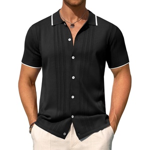 image:imageMens Knit Shirt Short Sleeve Button Down Shirt Textured Casual Summer TopsBlack