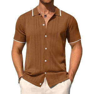 image:imageMens Knit Shirt Short Sleeve Button Down Shirt Textured Casual Summer TopsBrown