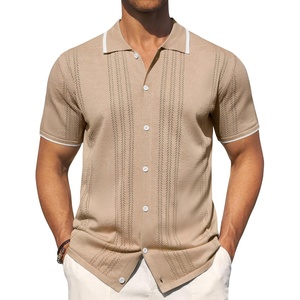 image:imageMens Knit Shirt Short Sleeve Button Down Shirt Textured Casual Summer TopsKhaki
