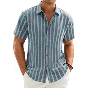 image:imageMens Linen Shirt Striped Short Sleeve Button Down Summer Beach ShirtBlue