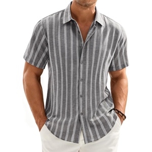 image:imageMens Linen Shirt Striped Short Sleeve Button Down Summer Beach ShirtGrey