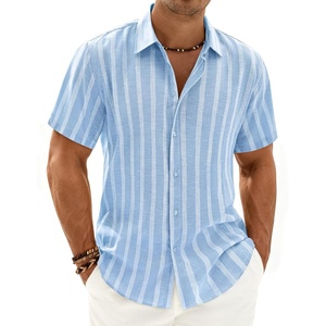 image:imageMens Linen Shirt Striped Short Sleeve Button Down Summer Beach ShirtLight Blue
