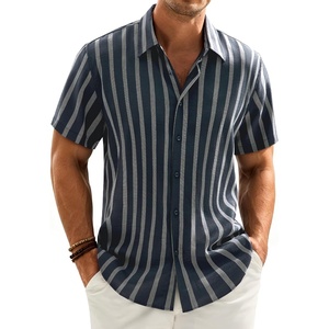 image:imageMens Linen Shirt Striped Short Sleeve Button Down Summer Beach ShirtNavy Blue