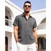 image:imageAlimens amp Gentle Mens Linen Shirts Short Sleeve Button Down Shirts Wrinkle Free Casual Vacation Beach Summer TopsBlack Grey